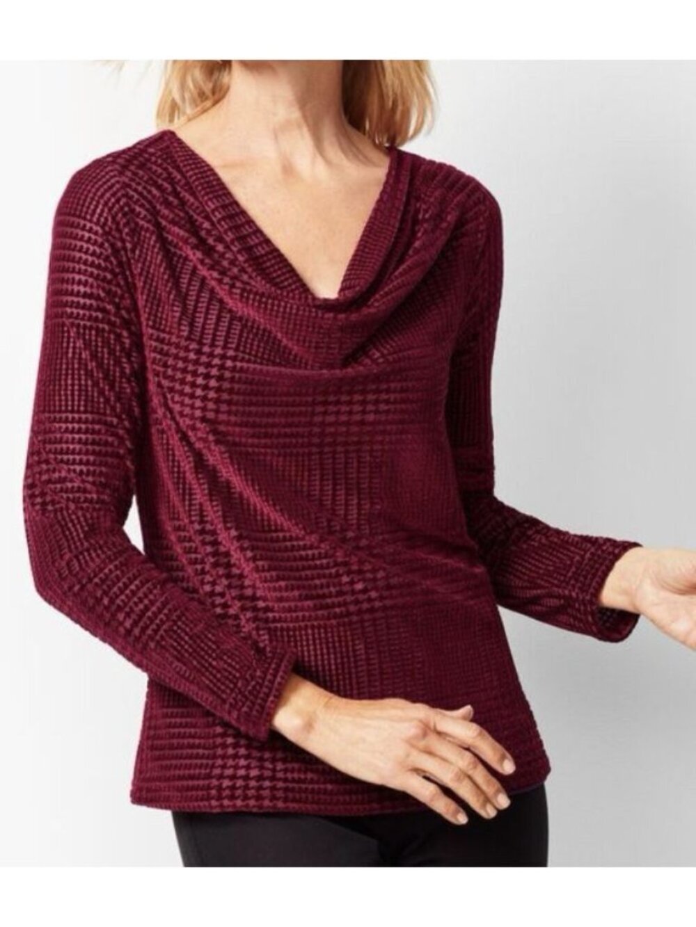 Talbots Burnout Velvet Top Womens XL Burgundy Cowl Neck Long Sleeve Houndstooth - Picture 2 of 9